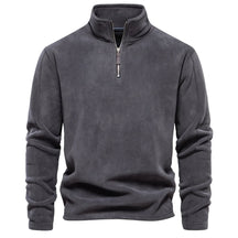 Suéter masculino cinza em fleece com zíper e gola alta – roupa térmica para frio