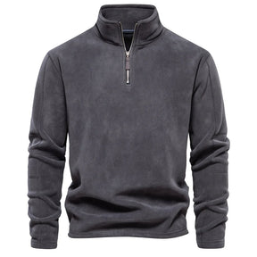 Suéter masculino cinza em fleece com zíper e gola alta – roupa térmica para frio