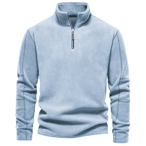 Suéter masculino azul claro em fleece com zíper e gola alta – roupa térmica para frio