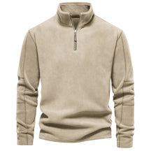 Suéter masculino bege em fleece com zíper e gola alta – roupa térmica para frio