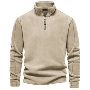 Suéter masculino bege em fleece com zíper e gola alta – roupa térmica para frio