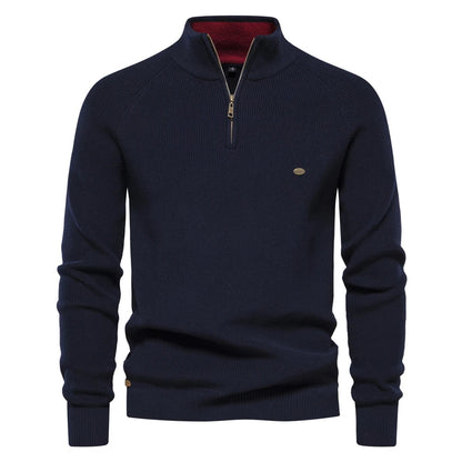 Suéter masculino tricotado azul marinho com gola alta e zíper – algodão canelado casual