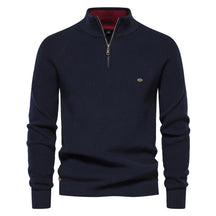 Suéter masculino tricotado azul marinho com gola alta e zíper – algodão canelado casual