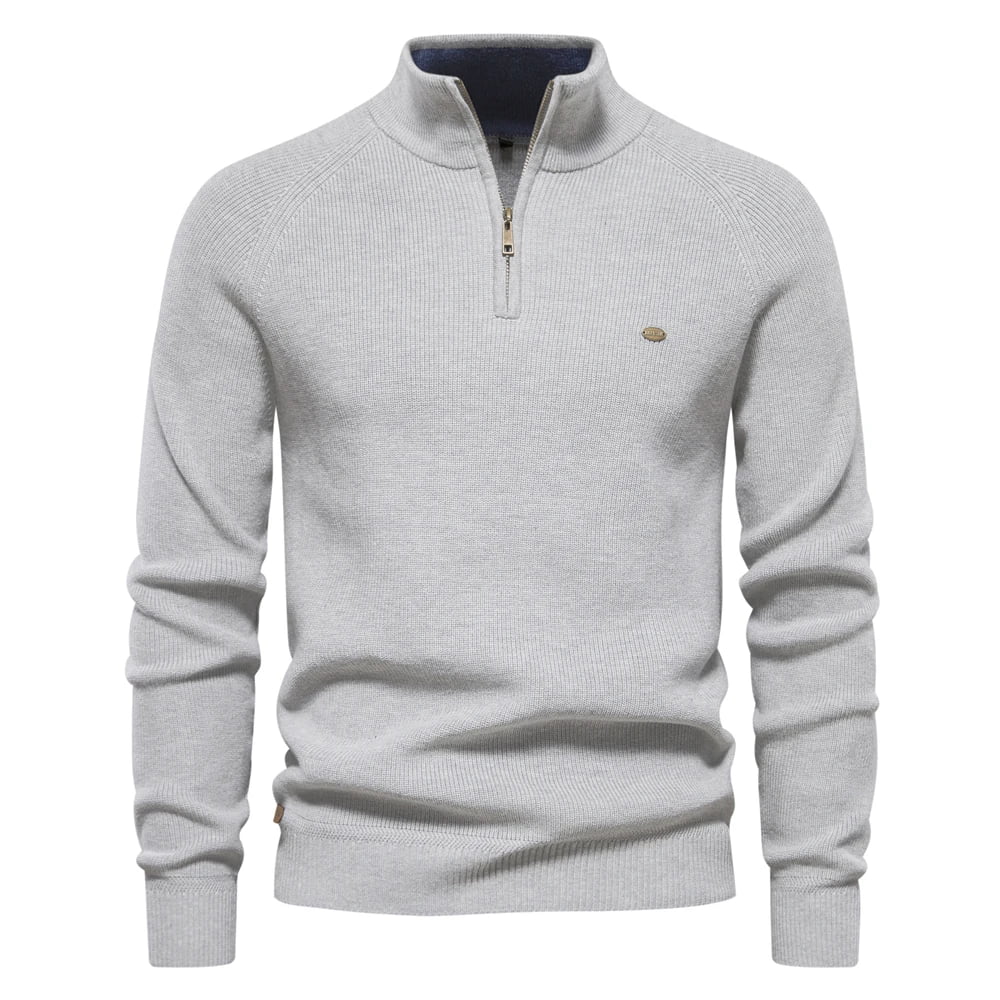 Suéter masculino tricotado cinza claro com gola alta e zíper – algodão canelado casual