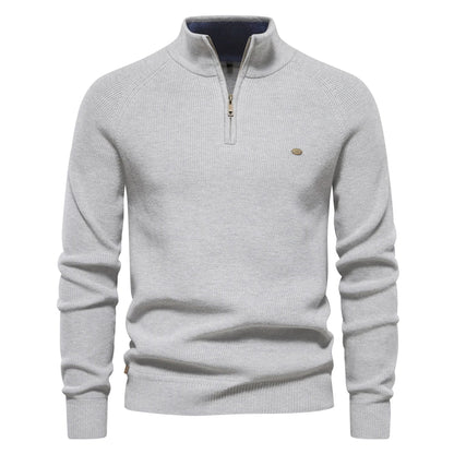 Suéter masculino tricotado cinza claro com gola alta e zíper – algodão canelado casual