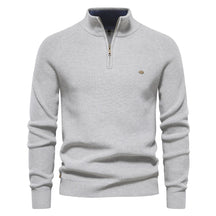 Suéter masculino tricotado cinza claro com gola alta e zíper – algodão canelado casual