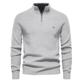 Suéter masculino tricotado cinza claro com gola alta e zíper – algodão canelado casual