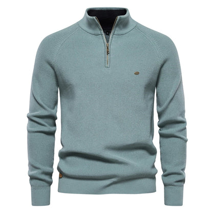Suéter masculino tricotado lago azul com gola alta e zíper – algodão canelado casual