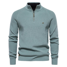 Suéter masculino tricotado lago azul com gola alta e zíper – algodão canelado casual