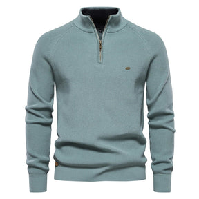 Suéter masculino tricotado lago azul com gola alta e zíper – algodão canelado casual