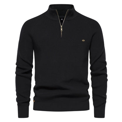 Suéter masculino tricotado preto com gola alta e zíper – algodão canelado casual