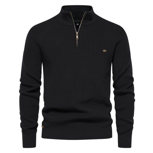 Suéter masculino tricotado preto com gola alta e zíper – algodão canelado casual