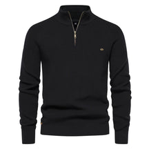 Suéter masculino tricotado preto com gola alta e zíper – algodão canelado casual