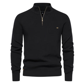 Suéter masculino tricotado preto com gola alta e zíper – algodão canelado casual