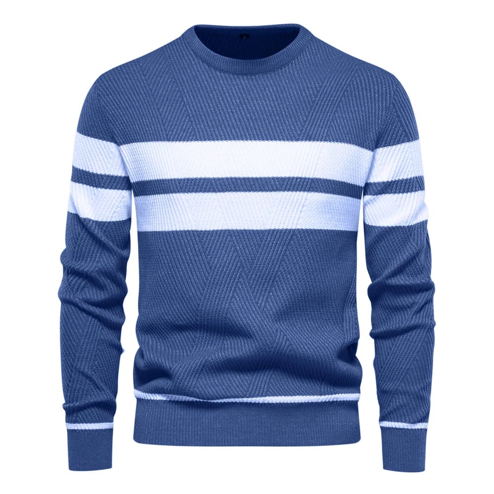 Suéter masculino azul escuro com textura geométrica e listras brancas horizontais