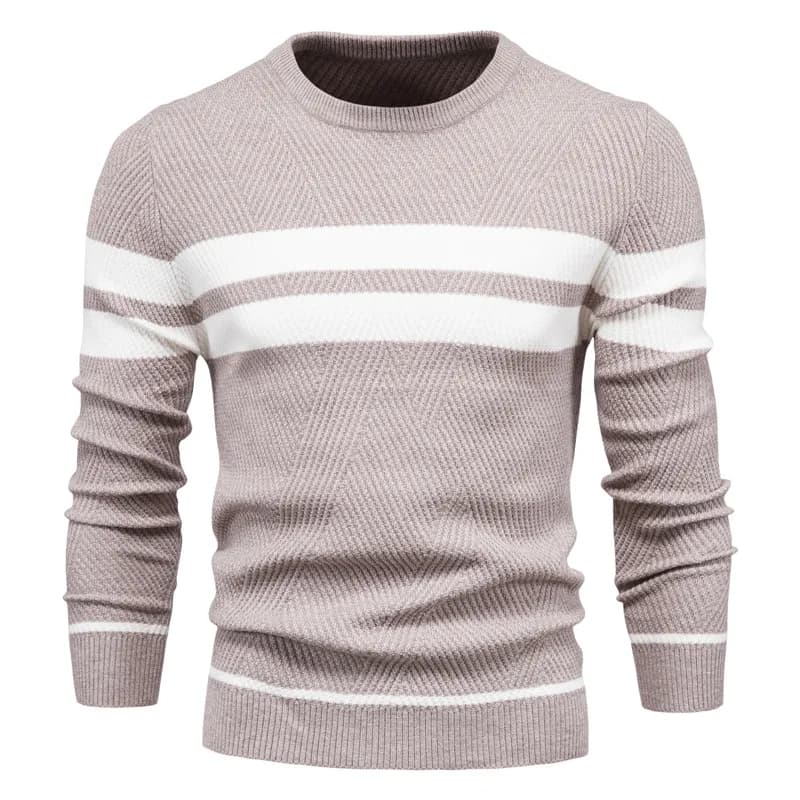 Suéter masculino cáqui com textura geométrica e listras brancas horizontais