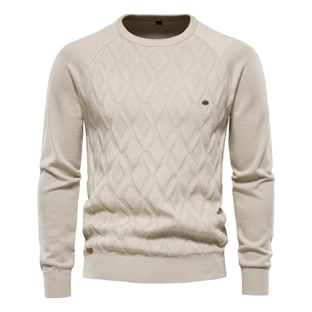 Suéter masculino bege com gola redonda e textura em losangos – algodão tricotado casual clássico
