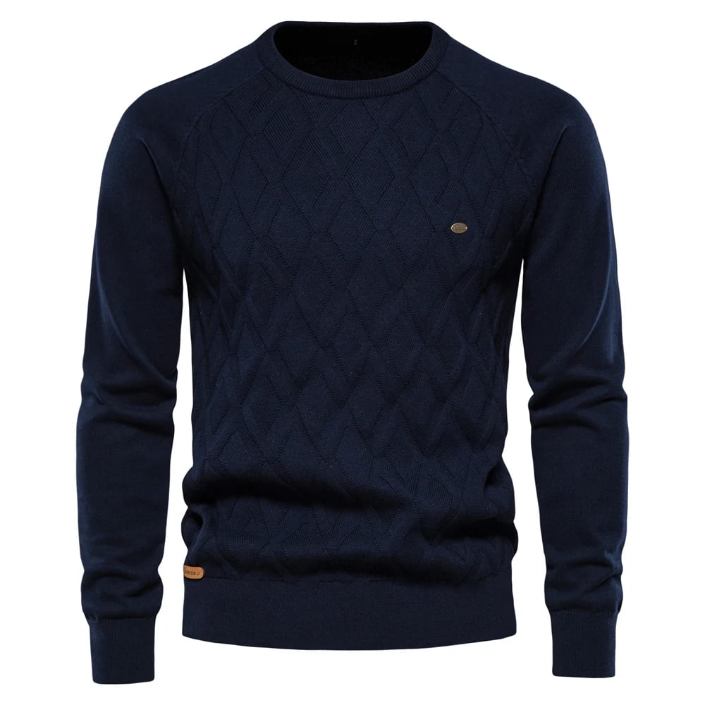 Suéter masculino azul marinho com gola redonda e textura em losangos – algodão tricotado casual clássico
