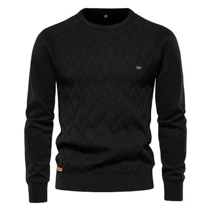 Suéter masculino preto com gola redonda e textura em losangos – algodão tricotado casual clássico