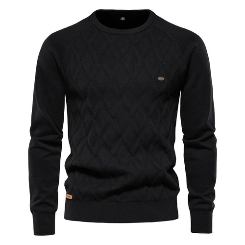 Suéter masculino preto com gola redonda e textura em losangos – algodão tricotado casual clássico