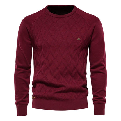 Suéter masculino vermelho com gola redonda e textura em losangos – algodão tricotado casual clássico