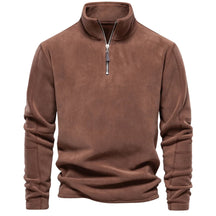 Suéter masculino marrom em fleece com zíper e gola alta – roupa térmica para frio