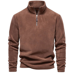 Suéter masculino marrom em fleece com zíper e gola alta – roupa térmica para frio