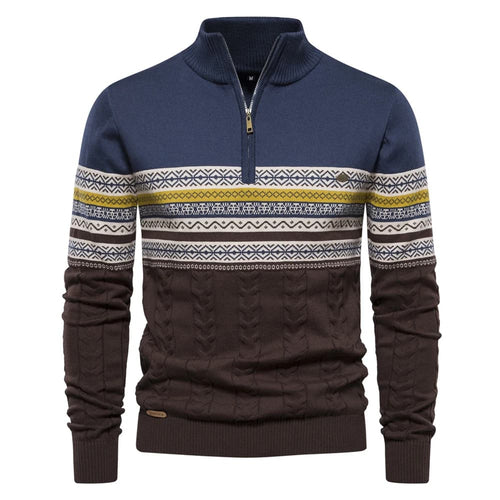 Suéter masculino com estampa nórdica, gola alta com zíper, nas cores azul jeans, e cinza com detalhes brancos