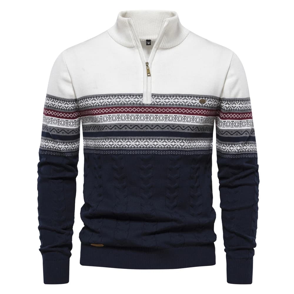 Suéter masculino com estampa nórdica, gola alta com zíper, nas cores branco, azul-marinho e vinho