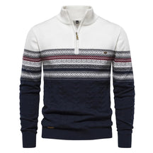 Suéter masculino com estampa nórdica, gola alta com zíper, nas cores branco, azul-marinho e vinho