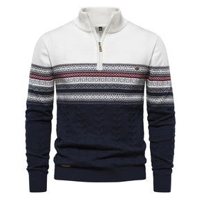 Suéter masculino com estampa nórdica, gola alta com zíper, nas cores branco, azul-marinho e vinho