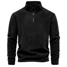 Suéter masculino preto em fleece com zíper e gola alta – roupa térmica para frio