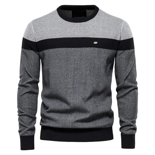 Suéter masculino tricolor cinza com listras horizontais e gola redonda, estilo casual