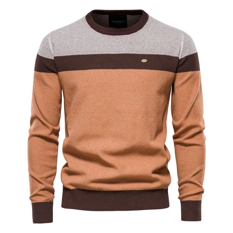 Suéter masculino tricolor laranja com listras horizontais e gola redonda, estilo casual