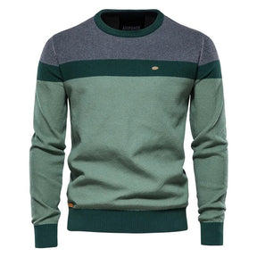 Suéter masculino tricolor verde com listras horizontais e gola redonda, estilo casual