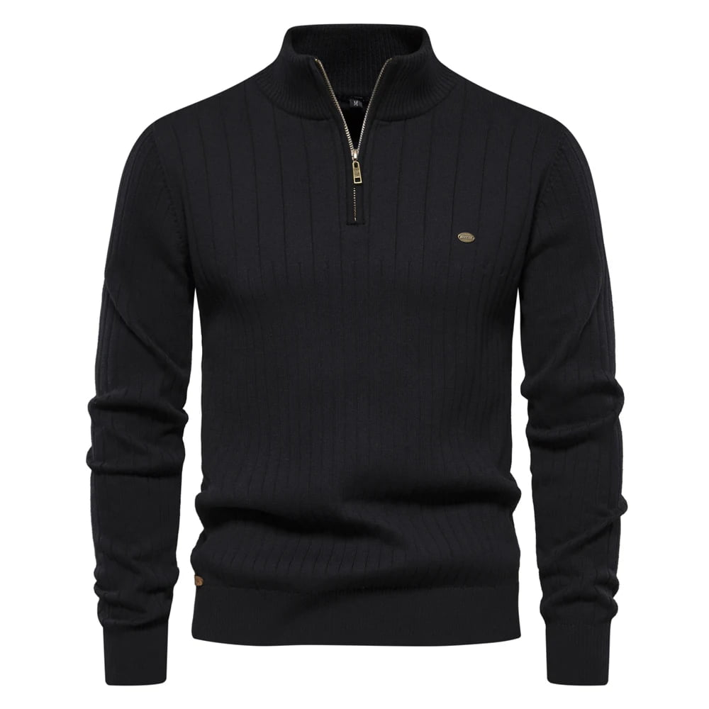Suéter masculino preto com gola alta e zíper – tricô canelado com textura vertical