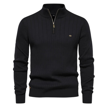 Suéter masculino preto com gola alta e zíper – tricô canelado com textura vertical